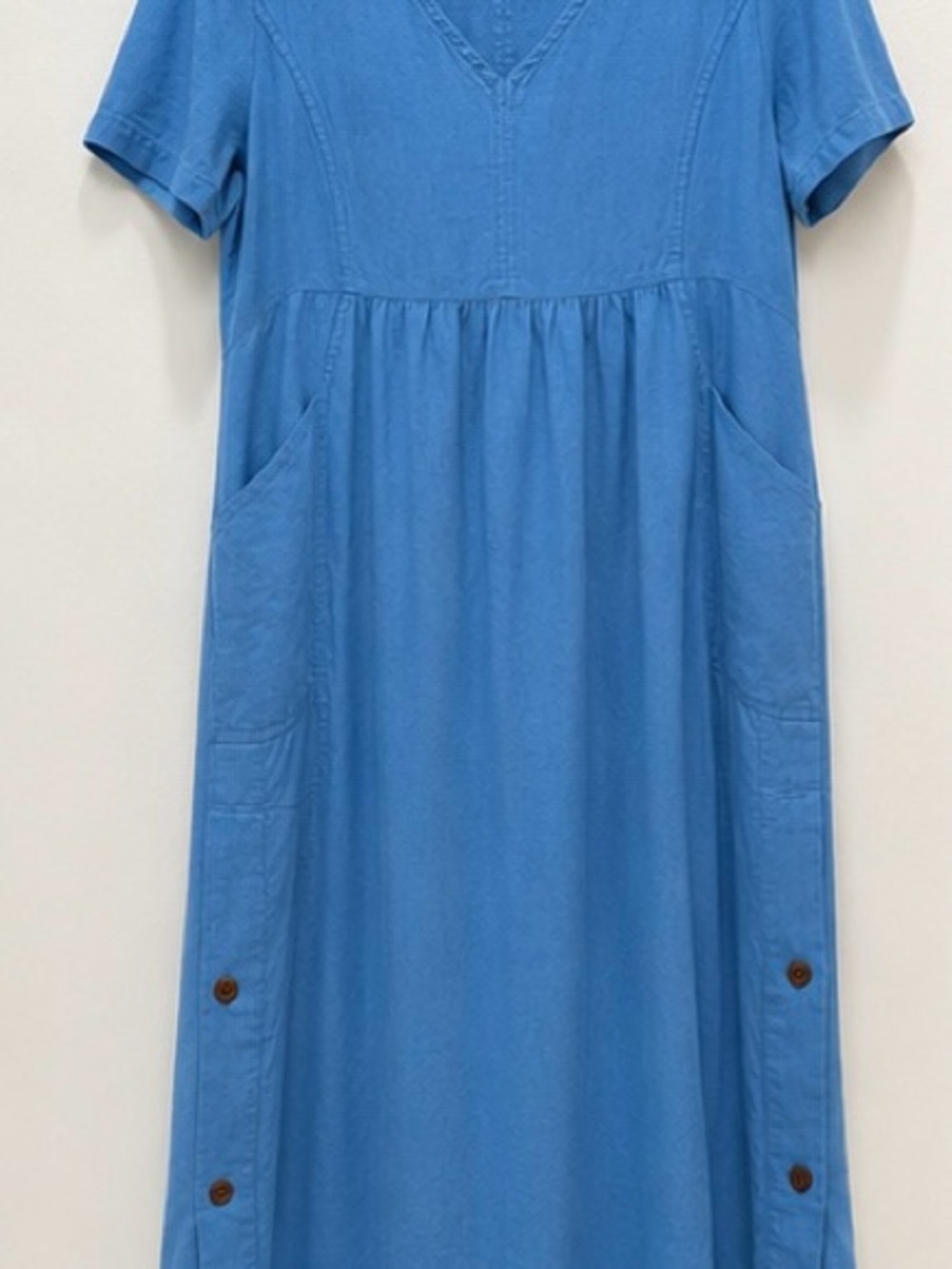 Poetry 100% Linen Blue V-Neck Maxi Dress with pockets US 10 UK 14 Relaxed Fit